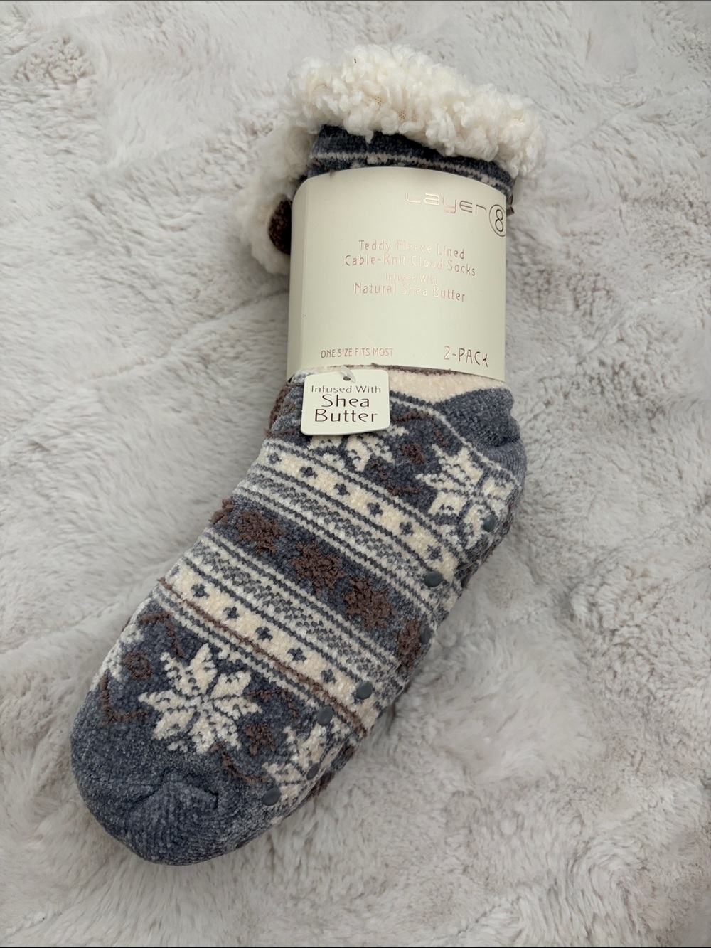Cozy Sherpa-Lined Fair Isle Slipper Socks - Gray & Cream